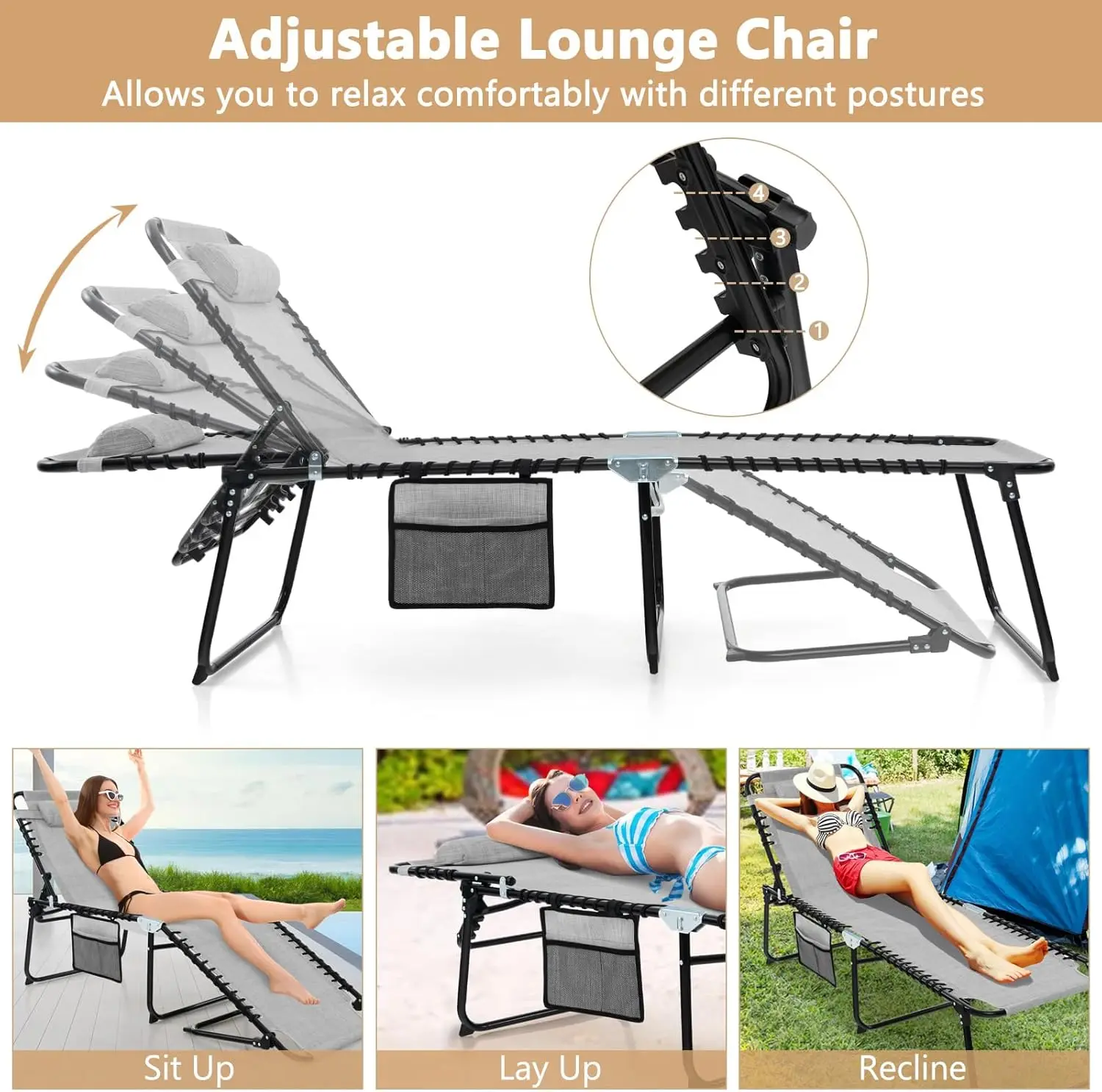 Patio Lounge Chairs for Outside - Folding Tanning Chair w/Headrest, 4 Adjustable Positions, Side Pocket, Outdoor Chaise Lounge