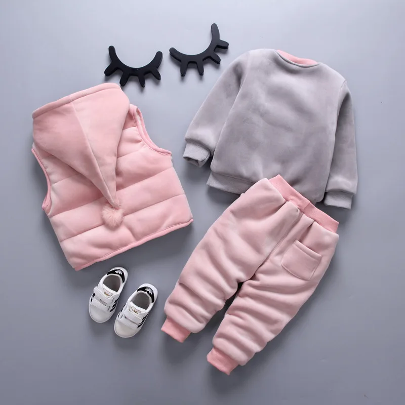 Baby Boy Clothing Girl Clothes Gold Velvet Warm Clothes Bear Cartoon Printing Plus Velvet Thick Sweater Hooded Vest Jacket 3pcs baby clothing set long sleeve	