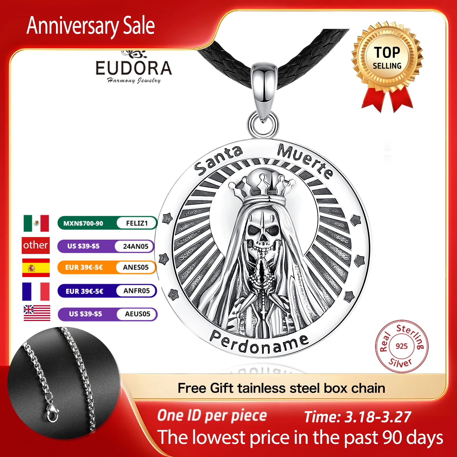 

Eudora 925 Sterling Silver Holy Death Necklace for Women Man vintage Santa Muerte Mexican Pendant Personality Jewelry party Gift