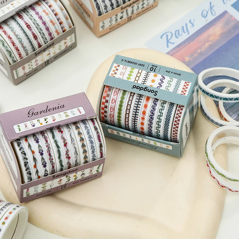 Vibrant Rainbow Slim Washi Tape Set - Decorative Scrapbooking and Journaling Essentials (10 Rolls)
