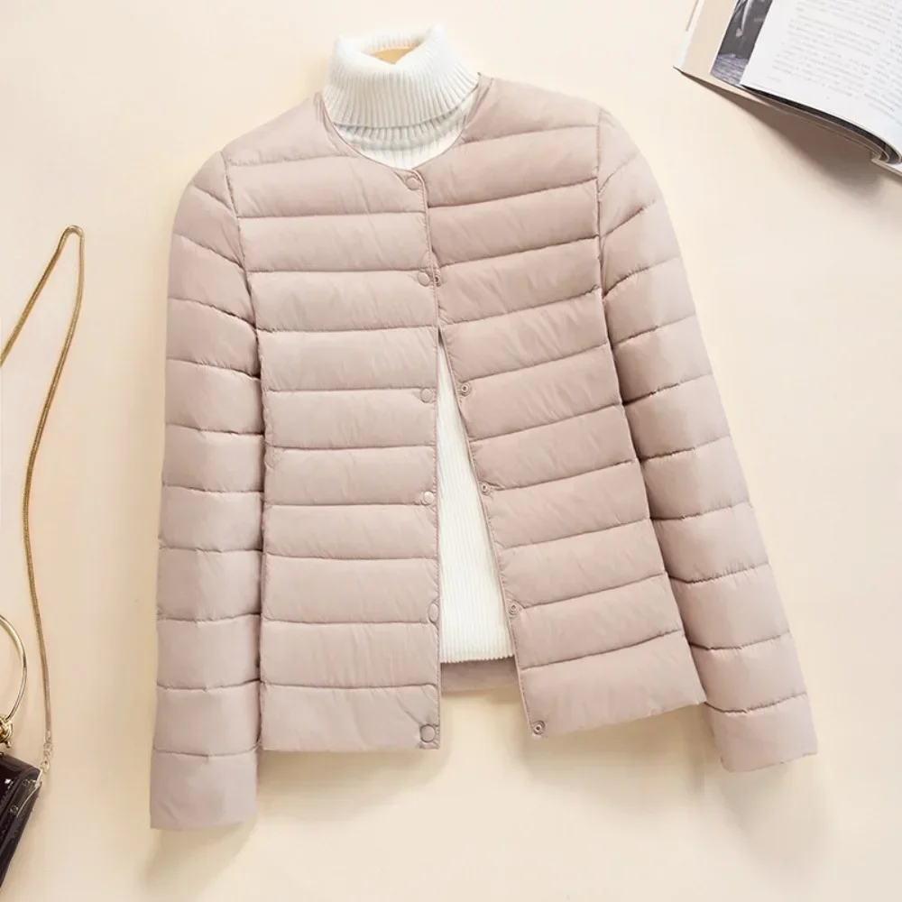 

Women's Down Jacket Autumn Winter Solid Ultra Light Puffer Jackets Lightweight Warm 90% White Duck Down Coat O-neck V-neck