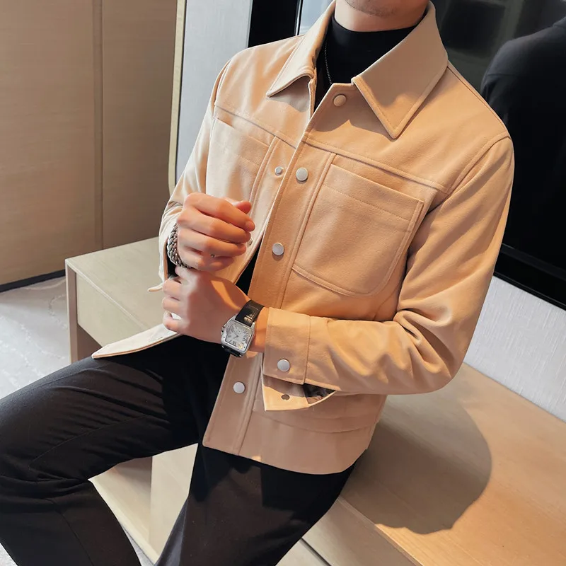Brand Clothing Autumn Winter Woolen Jackets for Men Clothing Turn Down Collar Single Breasted Slim Fit Casual Thick Coats 4XL-M