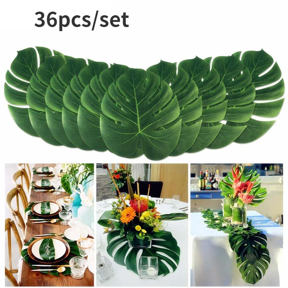 

72/36pcs 35cm Hawaii Fake Plant Table Mat Tableware Party Artificial Palm Leaves Summer Tropical Wedding Party Table Decoration