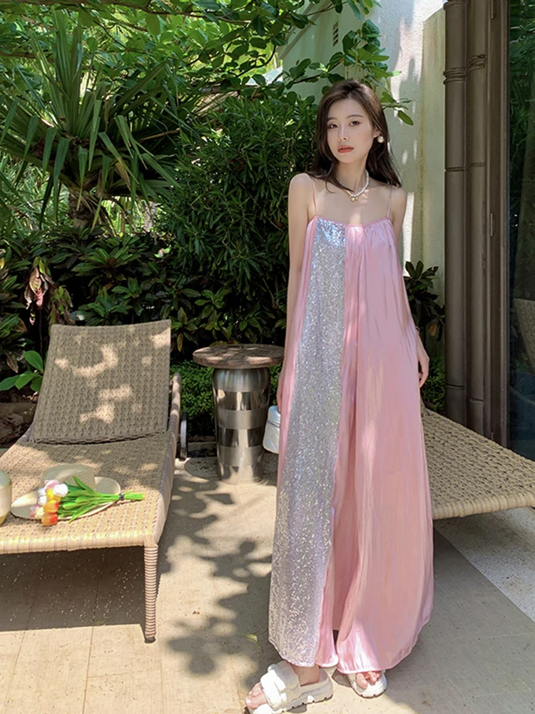 

Women Summer Dress Temperament Satin Pink Sequin Strap Dress A-line Gentle and Sexy Vacation Travel Photo Beach Dress D3424