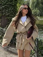 HH Women High Street Short Coat Lapel Wear Belt Single-breasted Women Autumn Fashion Pockets Long Sleeves Solid Jackets 4