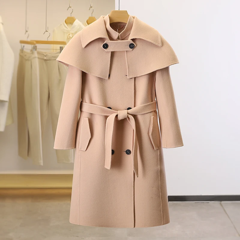 

Women's wool coat winter woolen coats elegant long overcoat pink