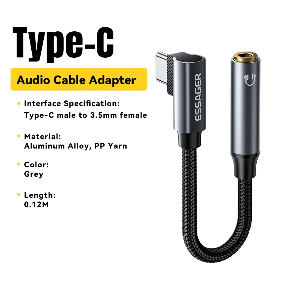 Versatile L-Shape Type-C to 3.5mm Audio Cable Adapter