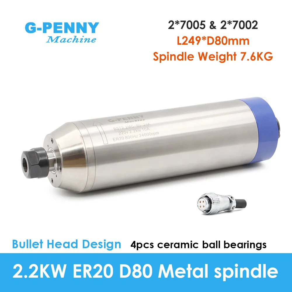 G-Penny 2,2 kW ER20 Metallspindel, wassergekühlter Spindelmotor, 800 Hz, 4-polig, 80 mm, 6000-12000 U/min, für Kupfer, Eisen, Edelstahl