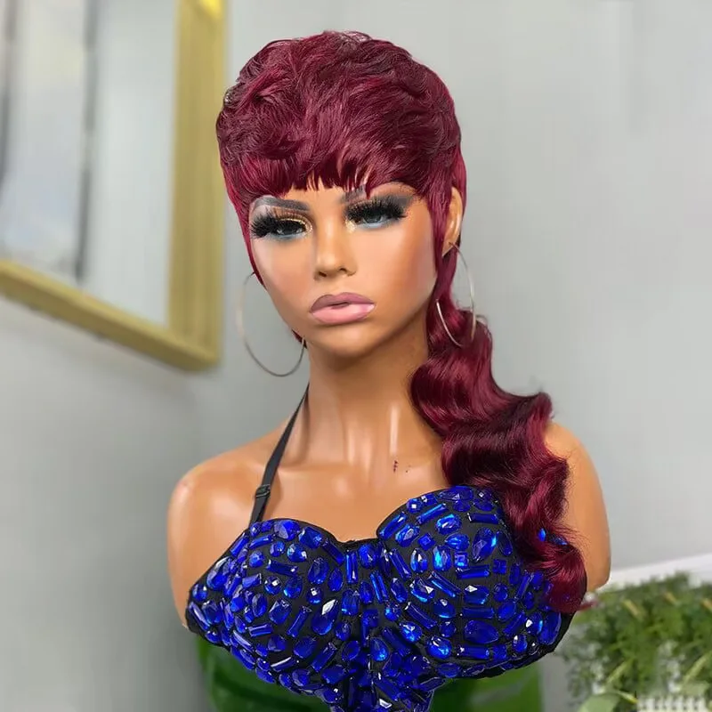 Mullet Wig Highlight Full Machine Made Wig With Bangs Glueless Brazilian Human Hair Wigs For Women 99j Short Pixie Cut Wigs