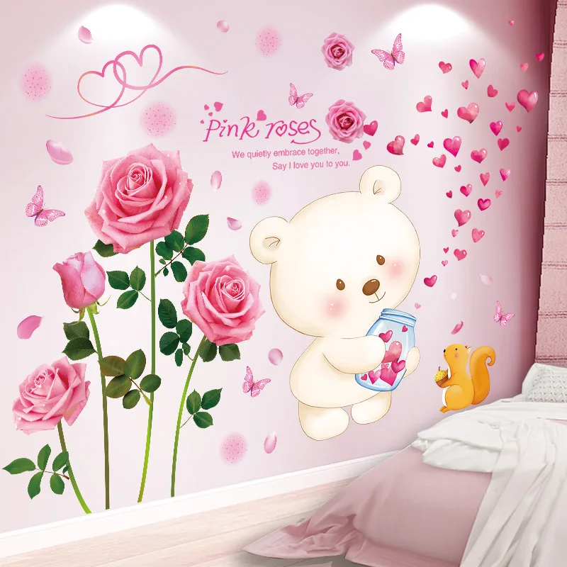 

Cartoon Bear Animals Wall Sticker DIY Rose Flowers Mural Decals for Kids Rooms Baby Bedroom Kindergarten Nursery Home Decoration