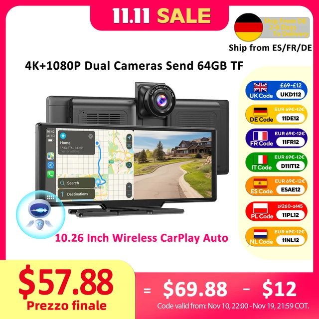 ESSGOO 10.26 "sans fil CarPlay et Android Auto Dash Cam ADAS 4K DVR Bluetooth Audio AUX GPS Navigation tableau de bord enregistreur vidéo 1