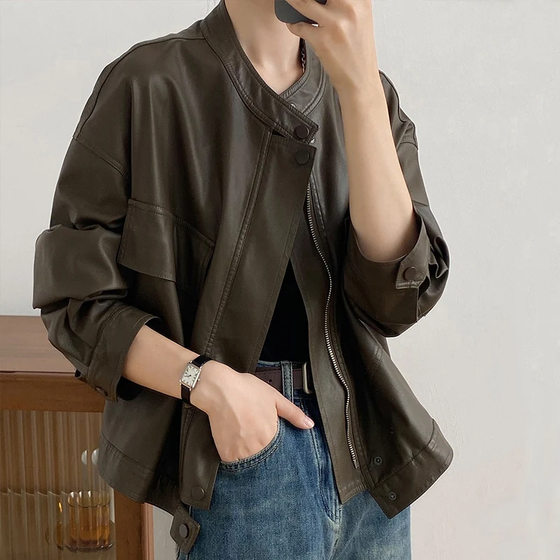 

Autumn Winter 2022 Women's Jacket Short PU Leather Fur Clothes Korean Fashion Bomber Outerwear Female Chic Streetwear H8102