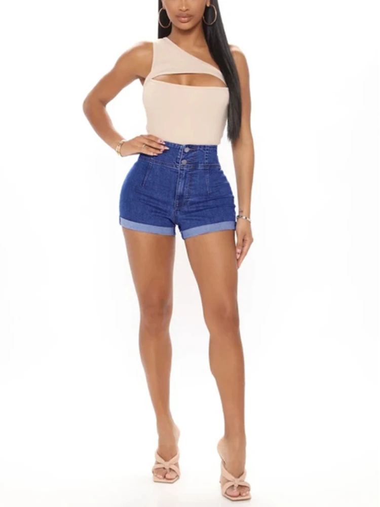 

Summer Women's Jeans Elegant Commuting Blue High Waisted Washed Denim Shorts with Pockets Straight Button Fit Fashion Y2k Shorts