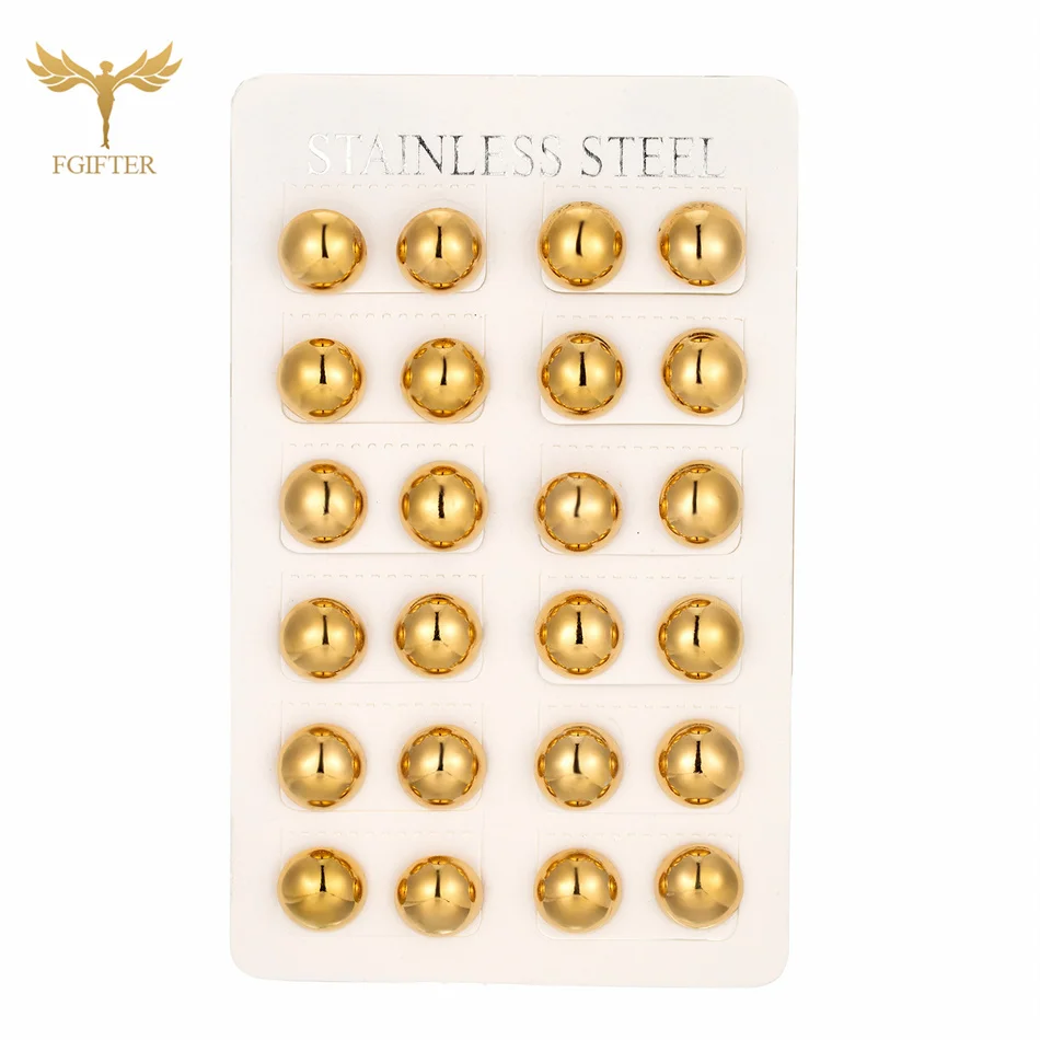 12 Pairs Pack Minimalist Half Ball Earrings for Women Men Teen Golden Stainless Steel Ear Stud Set Waterproof Jewelry Wholesale 2