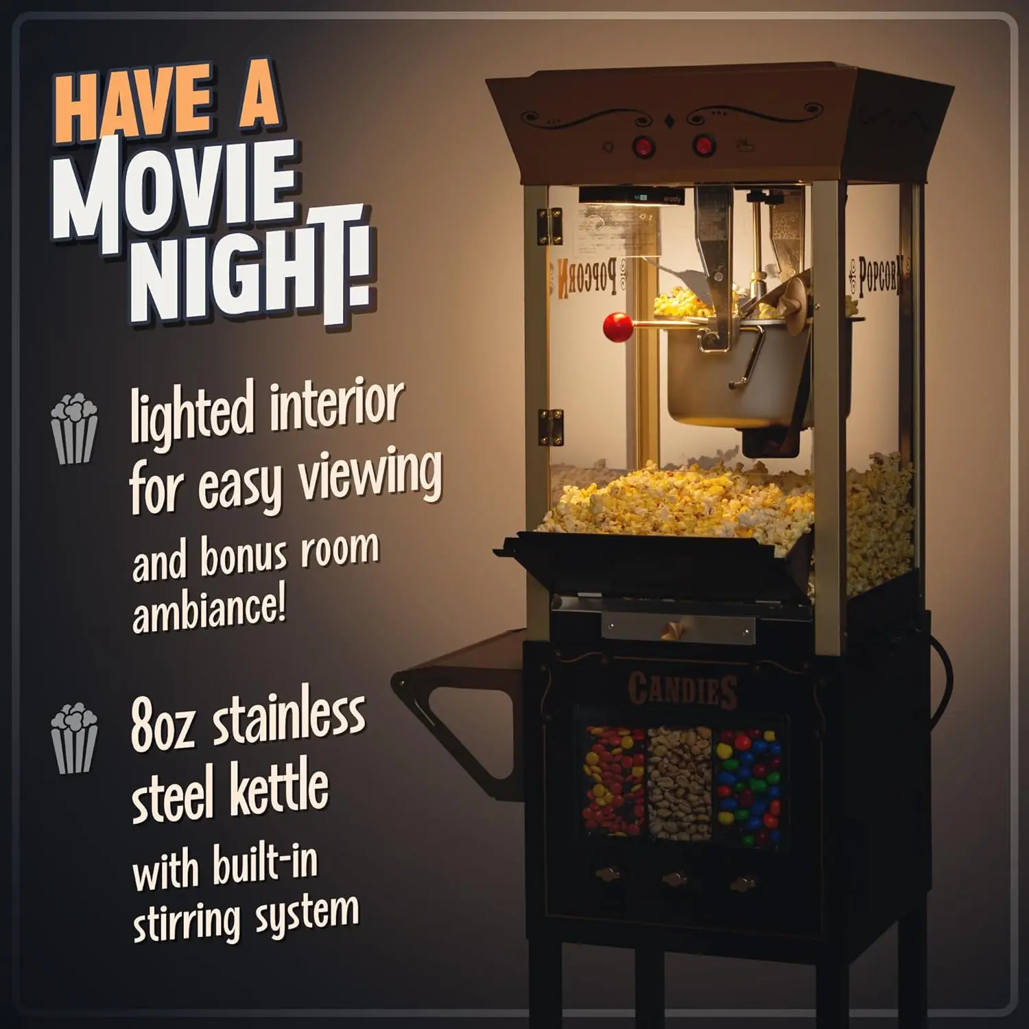 8 Oz Kettle Makes Up to 32 Cups, Vintage Movie Theater Popcorn Machine with Three Candy Dispensers 6