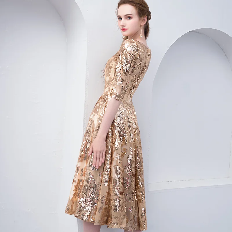 LANMU Gold Sequins evening Party dress Soiree O-neck Slim Waist A-line Vestidos 2024 New  vestido de festa prom dresses