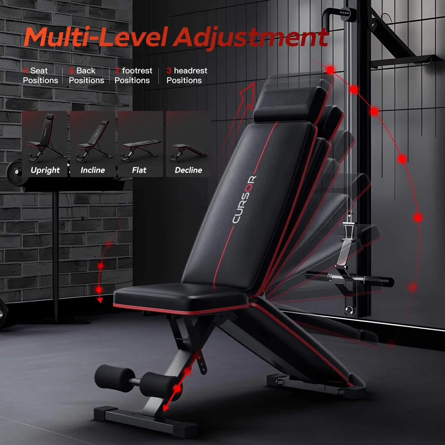 FITNESS Adjustable Weight Bench with Adjustable Headrest & Lumbar Support, 900 LBS Capacity, Ab Sit Up Decline Bench, Fol