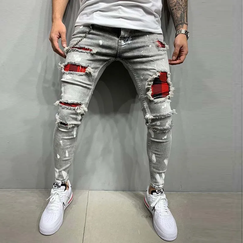 Mens Distressed Pleated Knee Patch Painted Stretch Skinny Jeans Ripped Denim Pants Brand Hip Hop Black Casual Trousers for men