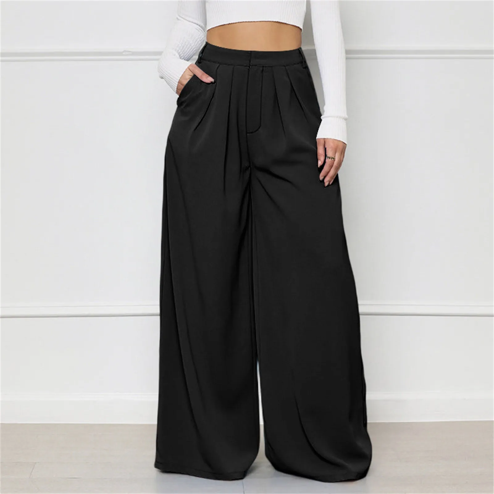 

Women Casual Loose Palazzo Pants Autumn High Waisted Wide Leg Trousers Pleated Long Culottes Pants Elastic Waist Trouser Pockets