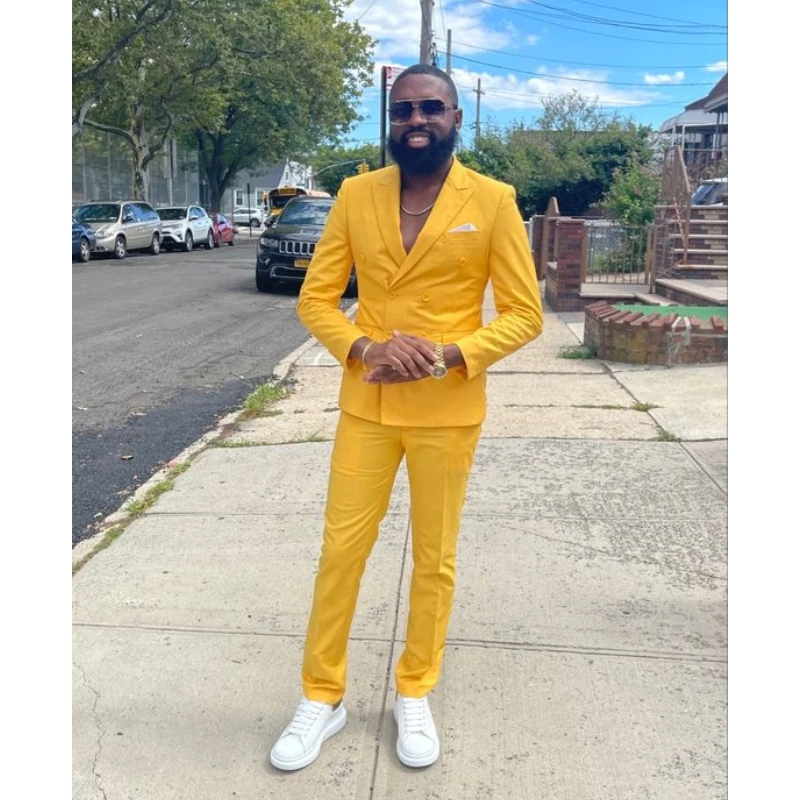 

Handsome Yellow Double Breasted Formal Men Suits Costume Homme Prom Terno Masculino Groom Blazer Wedding 2 Pcs (Jacket+Pants)