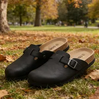 Mules Smile Popcorn Couple en cuir à bout fermé avec boucle réglable, sabots en liège, soutien de la voûte plantaire, sandales plates décontractées pour femmes et hommes 1