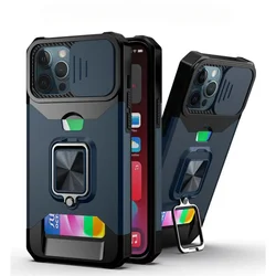 Universal 360° Magnetic Phone Case with Ring and Card Holder - Protective Cover - iPhone 13 Pro Max (Navy)
