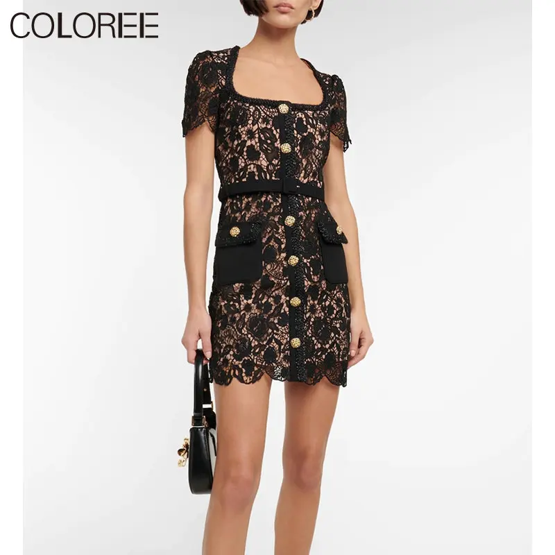 

New In Runway Designer Dress Women 2023 Summer Sexy Single Breasted Black Hollow Out Lace Short Dresses Vestidos De Fiesta
