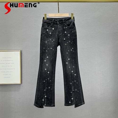 

Women's Cropped Jeans 2023 New Stretchy High Waist Slimming Heavy Embroidery Hot Drilling Split Bootcut Trousers Denim Pants