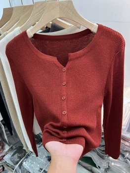 الكورية نمط لينة محبوك قاعدة سترة امرأة أوائل الخريف الشتاء 2025 كم طويل عادية سترة برقبة على شكل v الصلبة تنوعا القمم