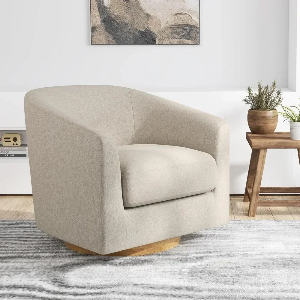 Description Picture 2 of itemSwivel Accent Chair, Modern Upholstered Living Room Chair with Wooden Base & Arms, Fabric Swivel Barrel Curved Chair, Flax Beige