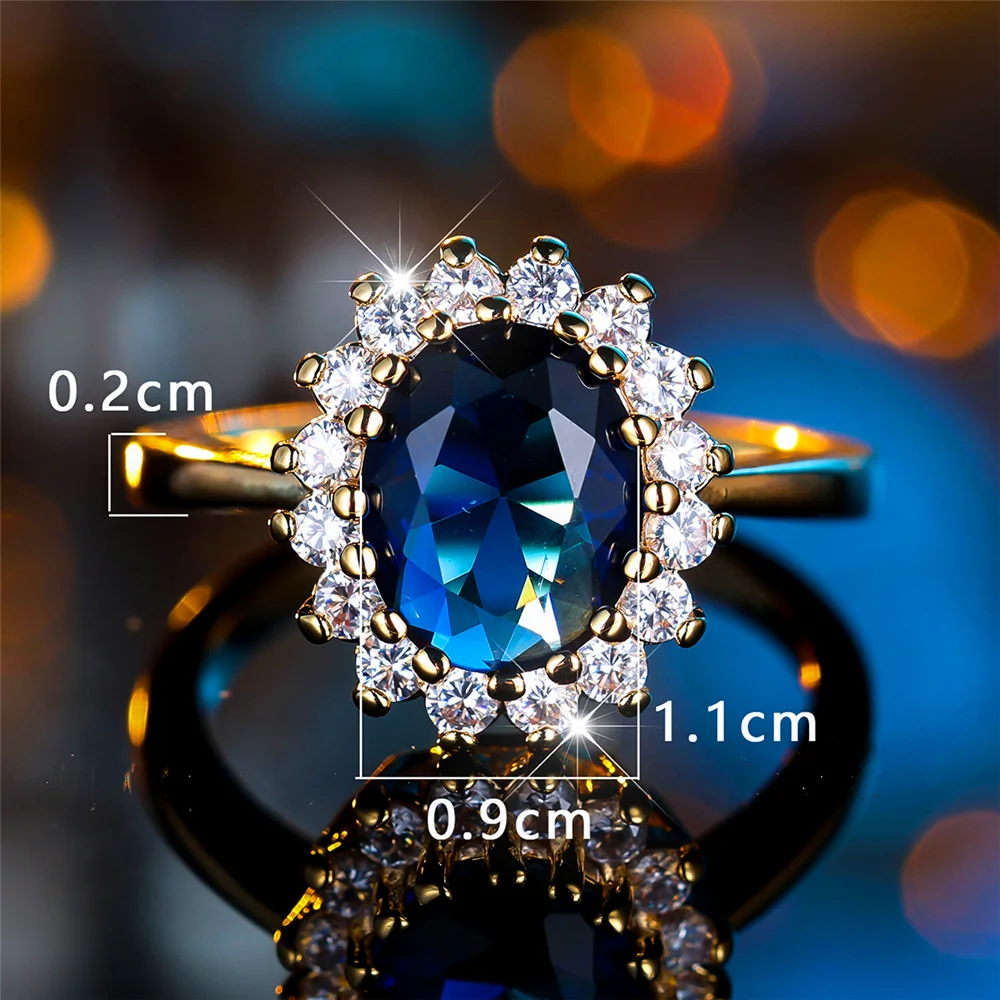 Female Luxury Crystal Blue Oval Zircon Stone Engagement Ring Vintage Yellow Gold Color Wedding Jewelry For Women
