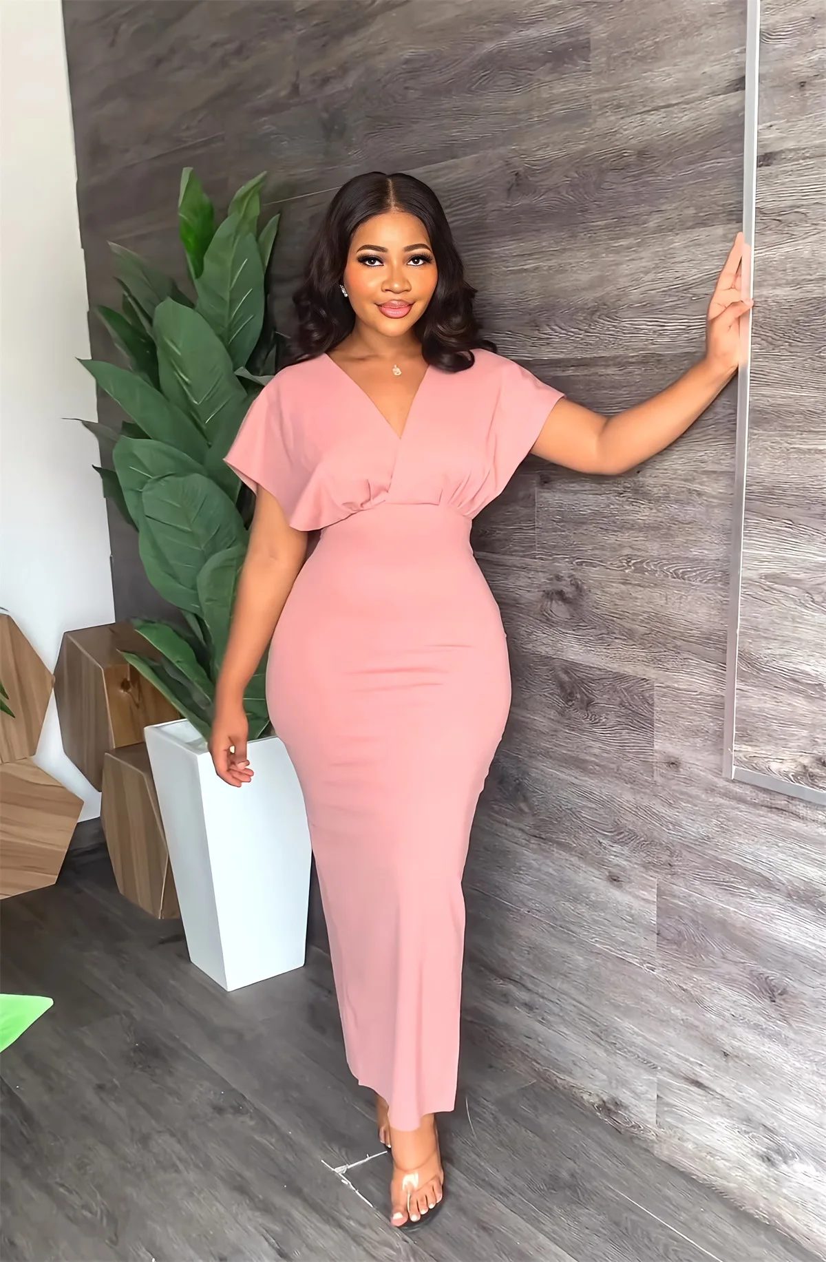 

Spring Summer Fashion Elegant Slim Split Long Dress Women Sexy Solid OL V-Neck Short Sleeve Pencil Dress Women
