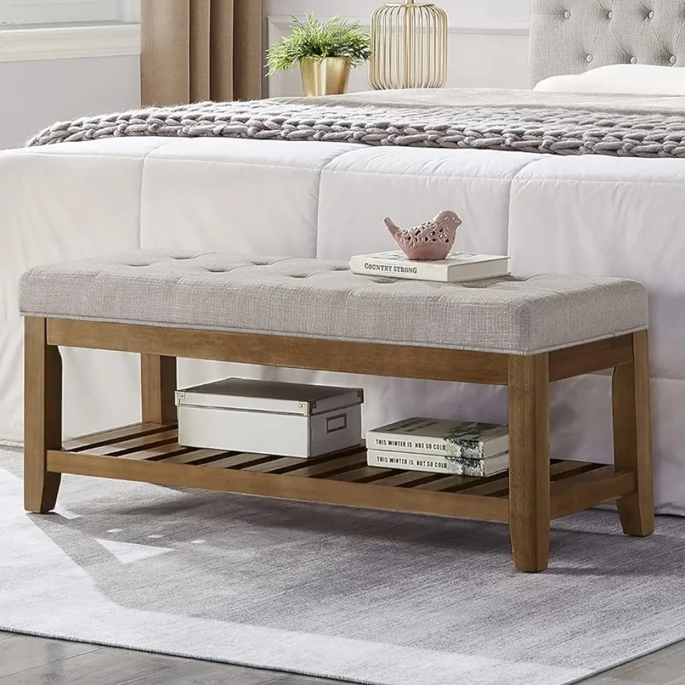 

Large Rectangular Upholstered Tufted Linen Fabric Ottoman Bench Bed Stool Padded Bench With Solid Wood Shelf-Linen Bedroom Room