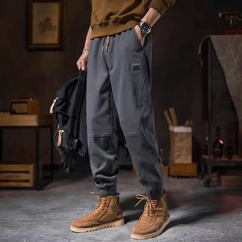 New Men's Spring Autumn Solid Color Trousers Elastic High Waist Pockets Drawstring Spliced Stylish Loose Casual Harlan Pants