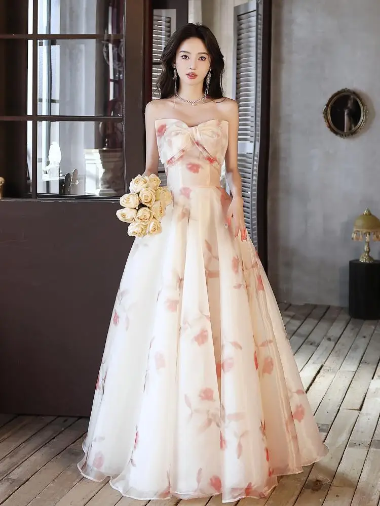 

Strapless Printed Cocktail Dress Women Sleeveless Tulle Prom Dresses Elegant Modern Bowknot A-Line Lace-up Evening Gowns