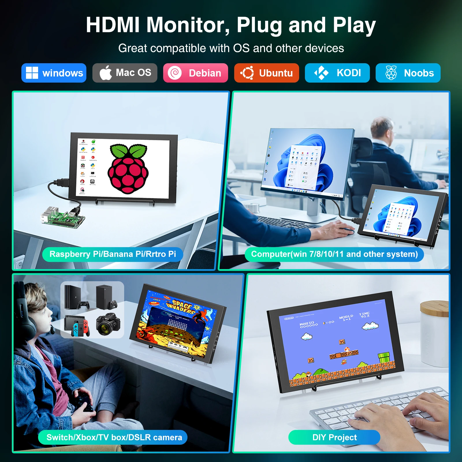 Miktver ܺ HDMI  10.1 ġ 1280x800 ػ USB ġ ũ VGA ÷ (Ŀ ȣȯ Windows Mac OS )