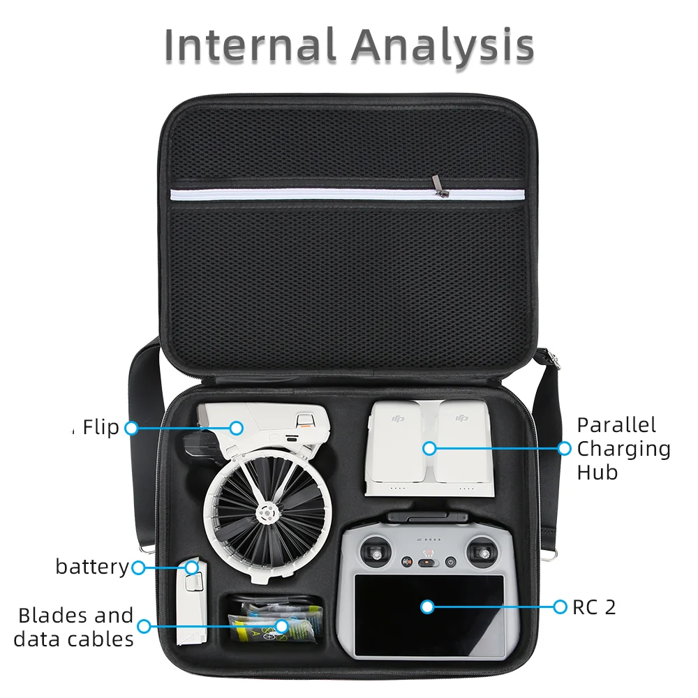 Sac de transport rigide pour DJI Flip et RC 2 posé sur une table, vue d'ensemble de l'étui