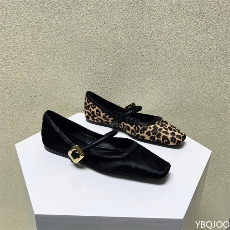 Spring and Autumn Fashion New Square Head Buckle Flat Bottom Women's Shoes Leopard Pattern Shallow Mouth Women's Single Shoes