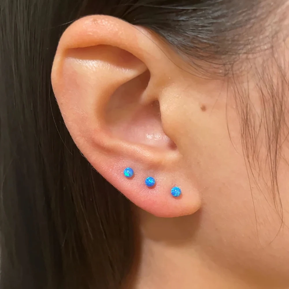 Stainless Steel Blue Opal Stud Earrings - Minimalist Cartilage Jewelry