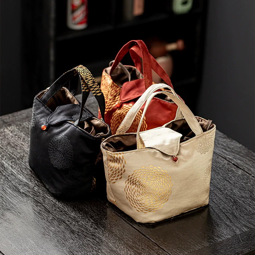 Brocade Travel Tea Set Bag,Portable Japanese Style Quick Tea Cup Organizer , Multi-functional Tea Set Carry Bag