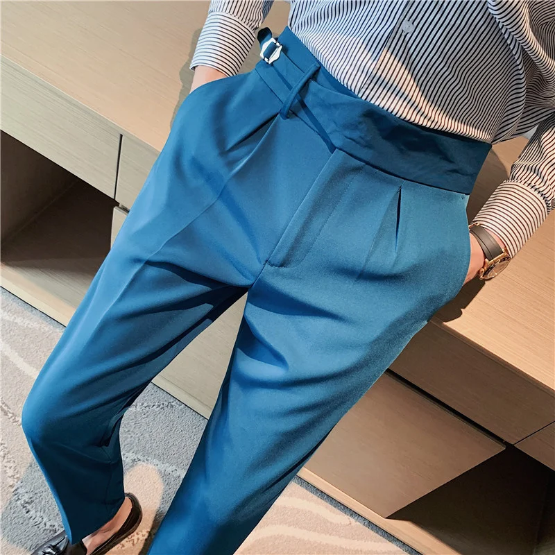 

Men Business Casual Dress Pants Men Belt Design Slim Trousers Formal Office Social Wedding Party Dress Suit Pant