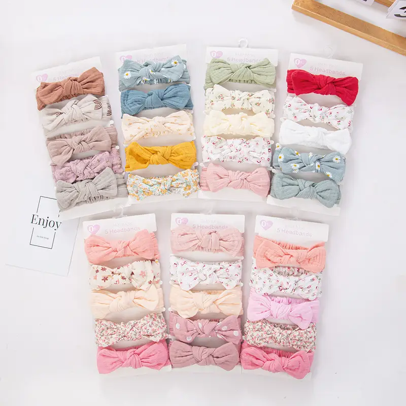 5Pcs/Set Solid Muslin Cotton Linen Baby Headband Elastic Rabbit Ear Hair Band Infant Girl Turban Headwraps Stretch Accessories - Image 2