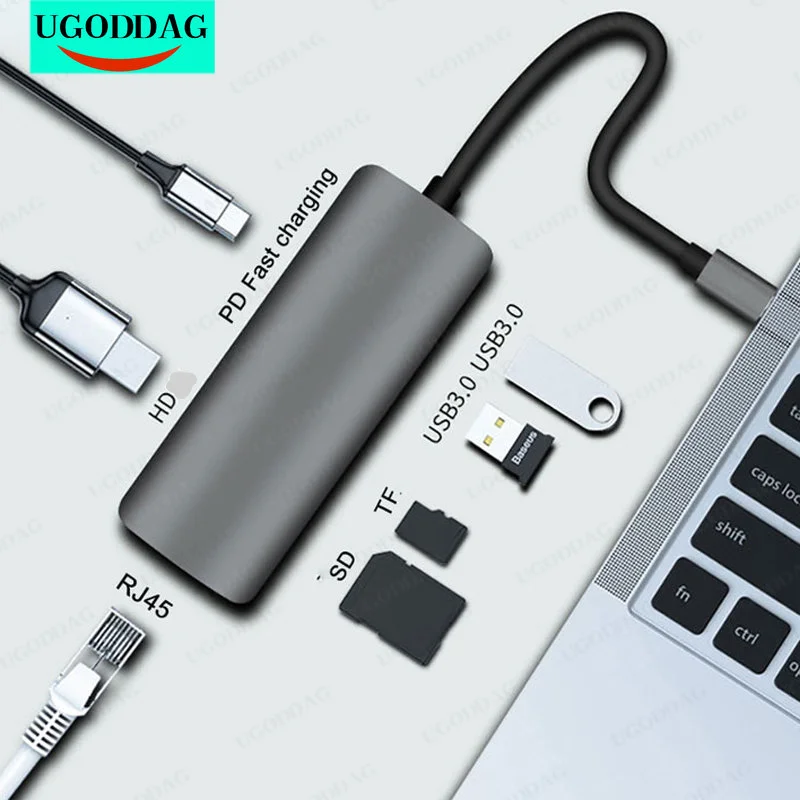 

Док-станция 7 в 1, USB Type-C на HDMI, RJ45, Gigabit Ethernet, USB SD/TF