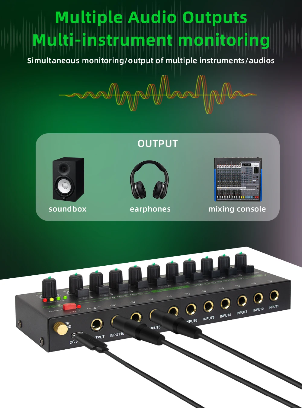 10Channel Audio Mixer Low Noise Stereo Mono Line Mixer 6.35mm TRS/TS Input Type-C Audio Processor for Guitar Bass Keyboard Stage