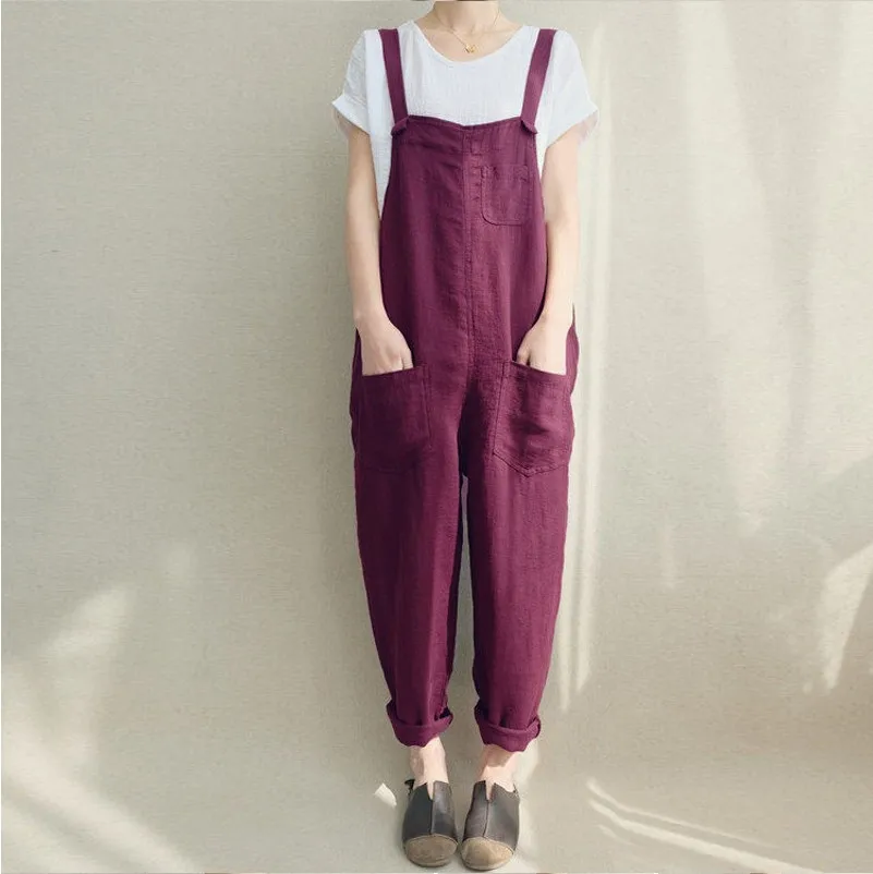 New Cotton Linen Jumpsuits Casual Women Overalls Harem Pants Vocation Dungarees Long Trousers Female Loose Rompers spring denim harem pants women high waist loose thin elastic daddy pants overalls 2022 new female radish pants nine point pants