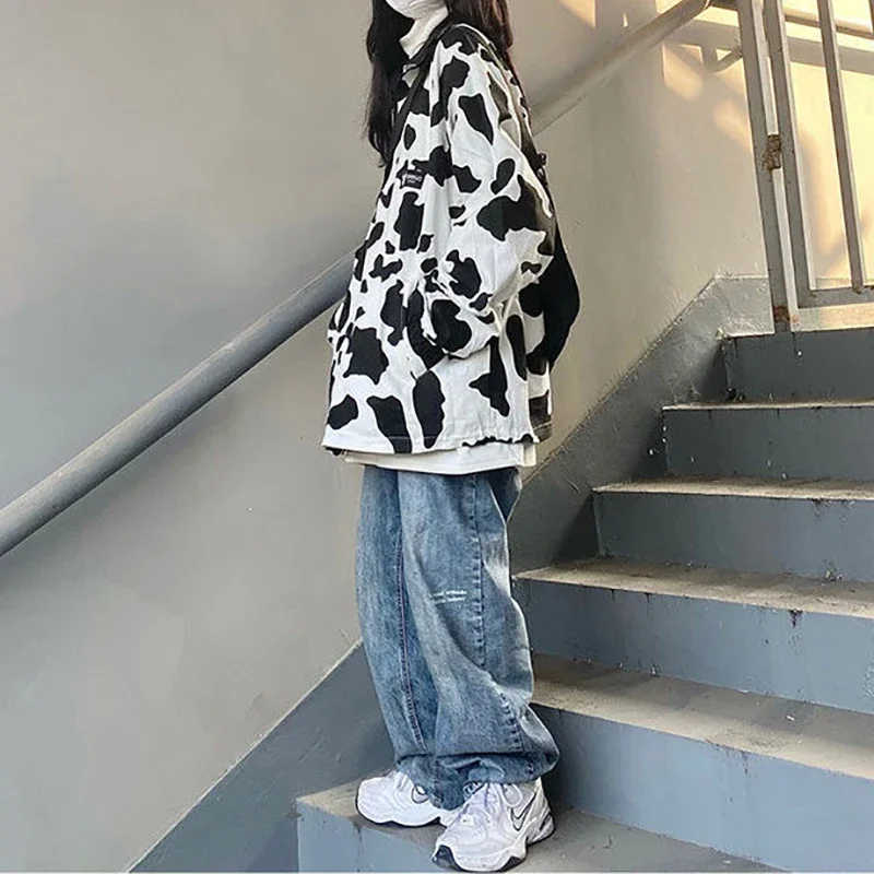 HOUZHOU Cow Print Jacket Women Oversize Jackets Harajuku Korean Long Sleeve Double-sided Wear Coat Vintage Hip Hop Streetwear