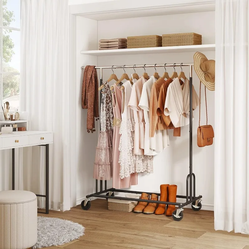 

Heavy Duty Clothes Rack Foldable Garment Rack with Wheels and Extendable Rod,Adjustable ＆ Collapsible Rolling Racks