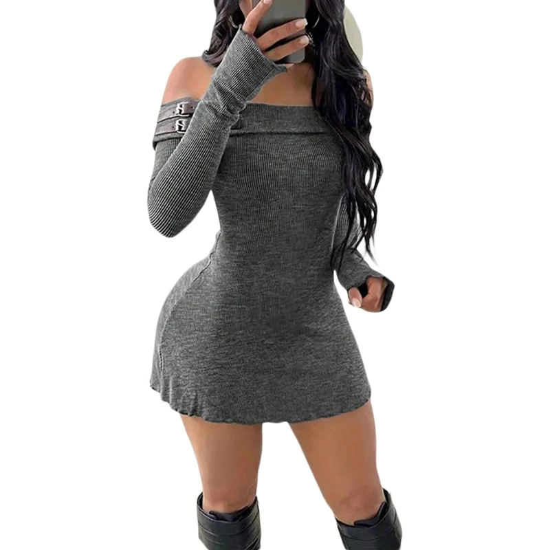 y2k Dress Women Aesthetic Clothing Leather Buckle Off Shoulder Long Sleeve Bodycon Dress Sexy Cocktail Party Dresses