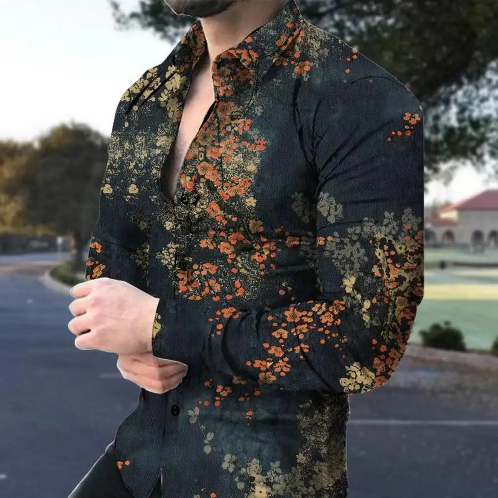 

Men Spring Summer Shirt Turn-down Collar Single-breasted Slim Fit Long Sleeve Buttons Soft Breathable Flower Print Mid Length Me