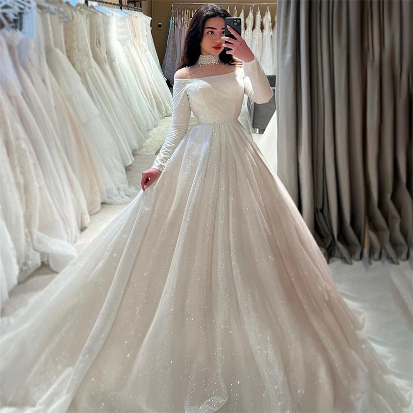 

KapokDressy Modern Long Sleeves Glitter Wedding Gowns Tulle High-Neck Formal Bridal Dresses Sexy A Line Draped Vestidos De Novia
